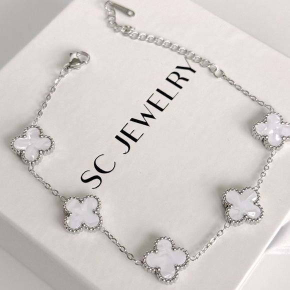 MOP Clover Bracelet Silver Tone Chain Stainless Steel Bracelet - Picture 1 of 8